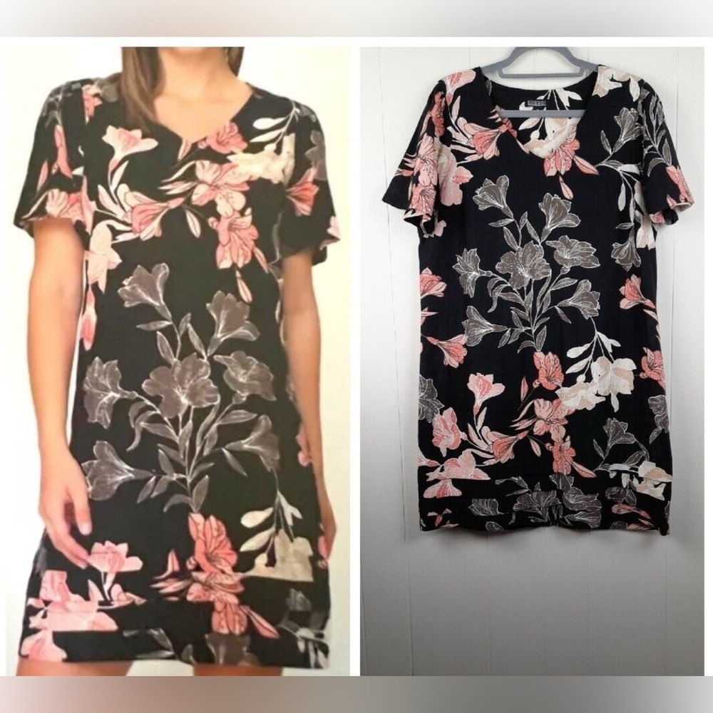 Vintage Y2K Original Nicole Miller Black Linen Floral V-Neck Shift Dress Size XL